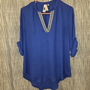 Society Girl Royal Blue Blouse Patterned Trim ¾ Roll Sleeve Small Worn Once